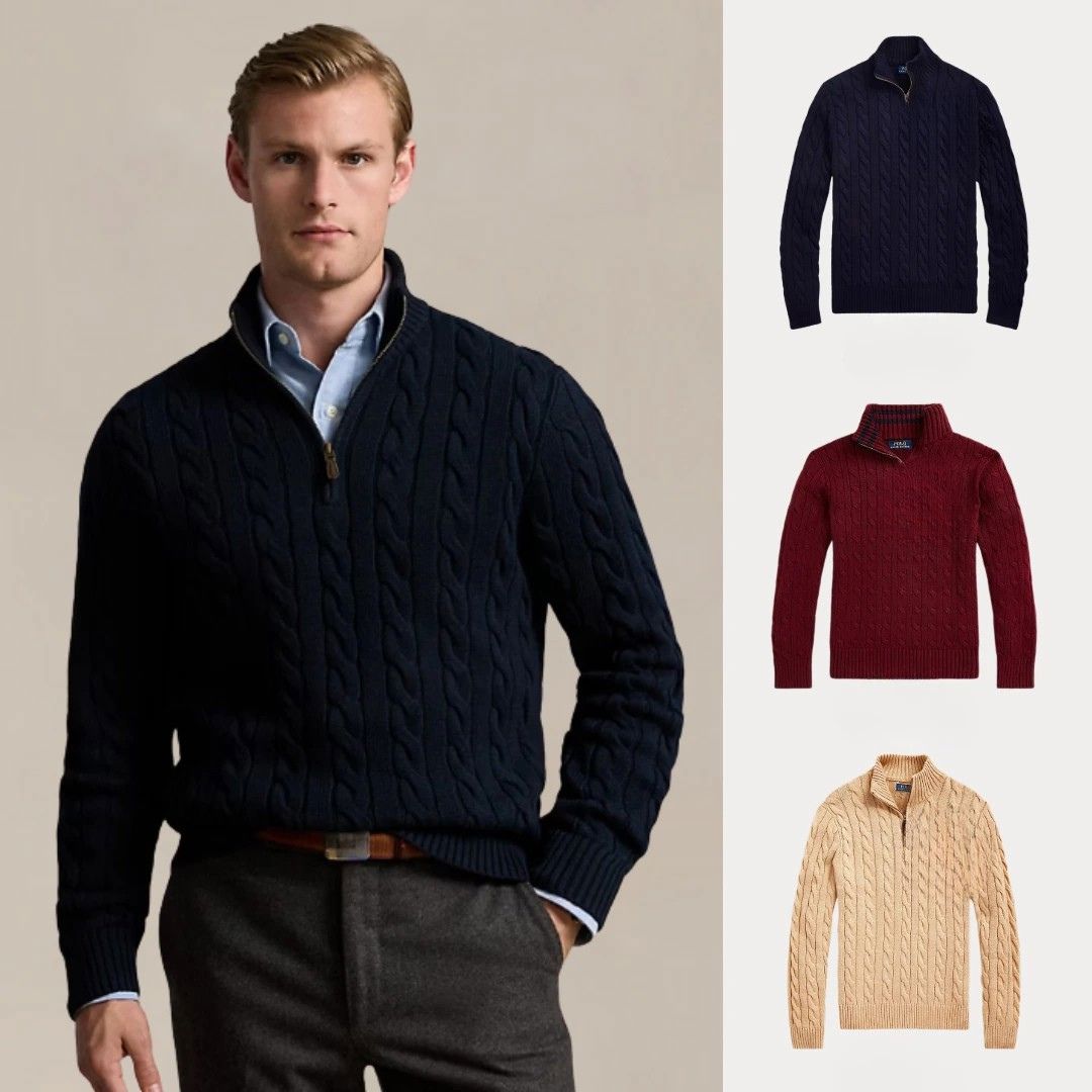 Kaufen Sie 1, erhalten Sie 3 – Winterset Baumwollstrickpullover mit Zopfmuster und Reißverschluss Luxvian Marineblau • Burgunderrot • Beige S