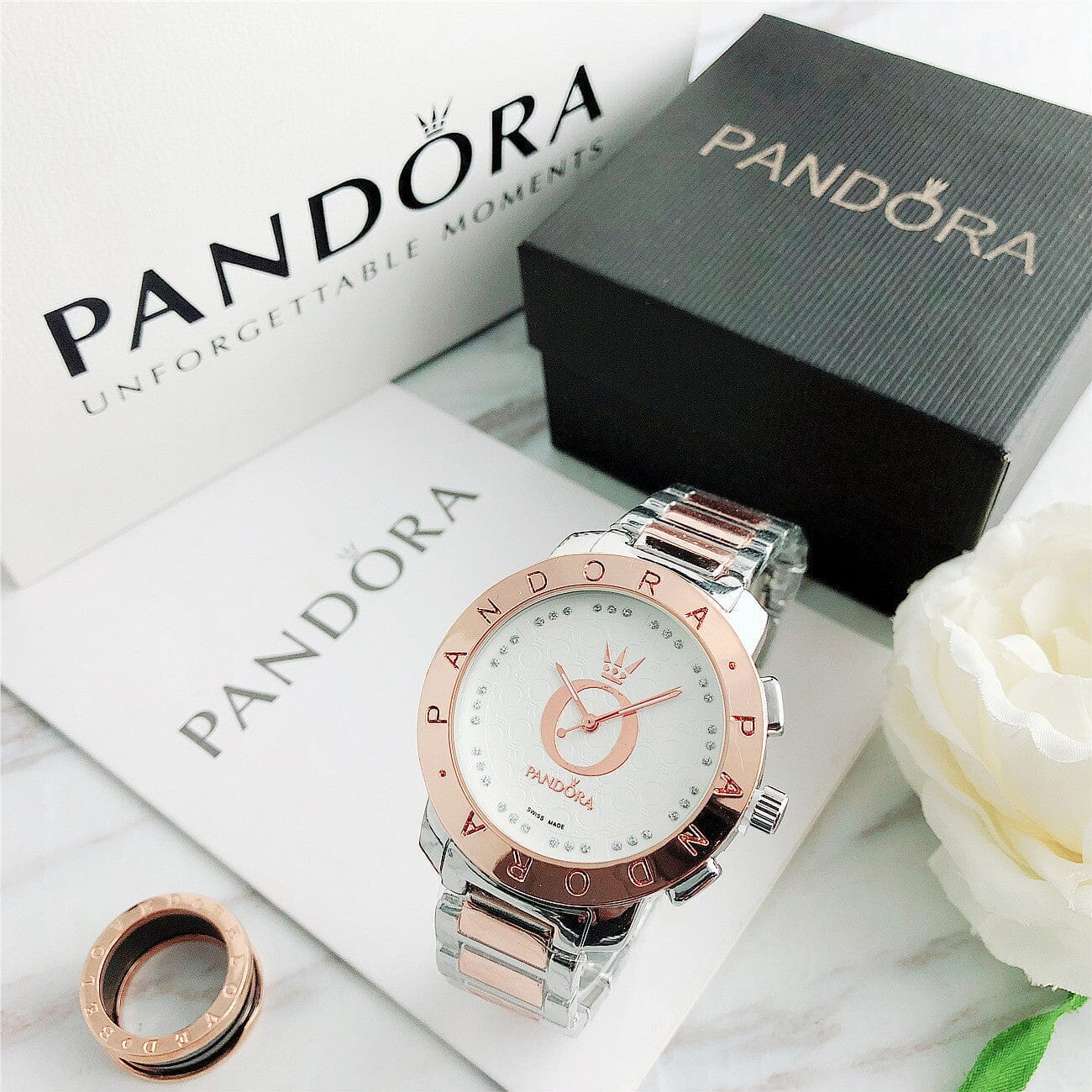 P A N D O R A Classic Glamour + Bracelet Charms Pandora Luxvian Rose White