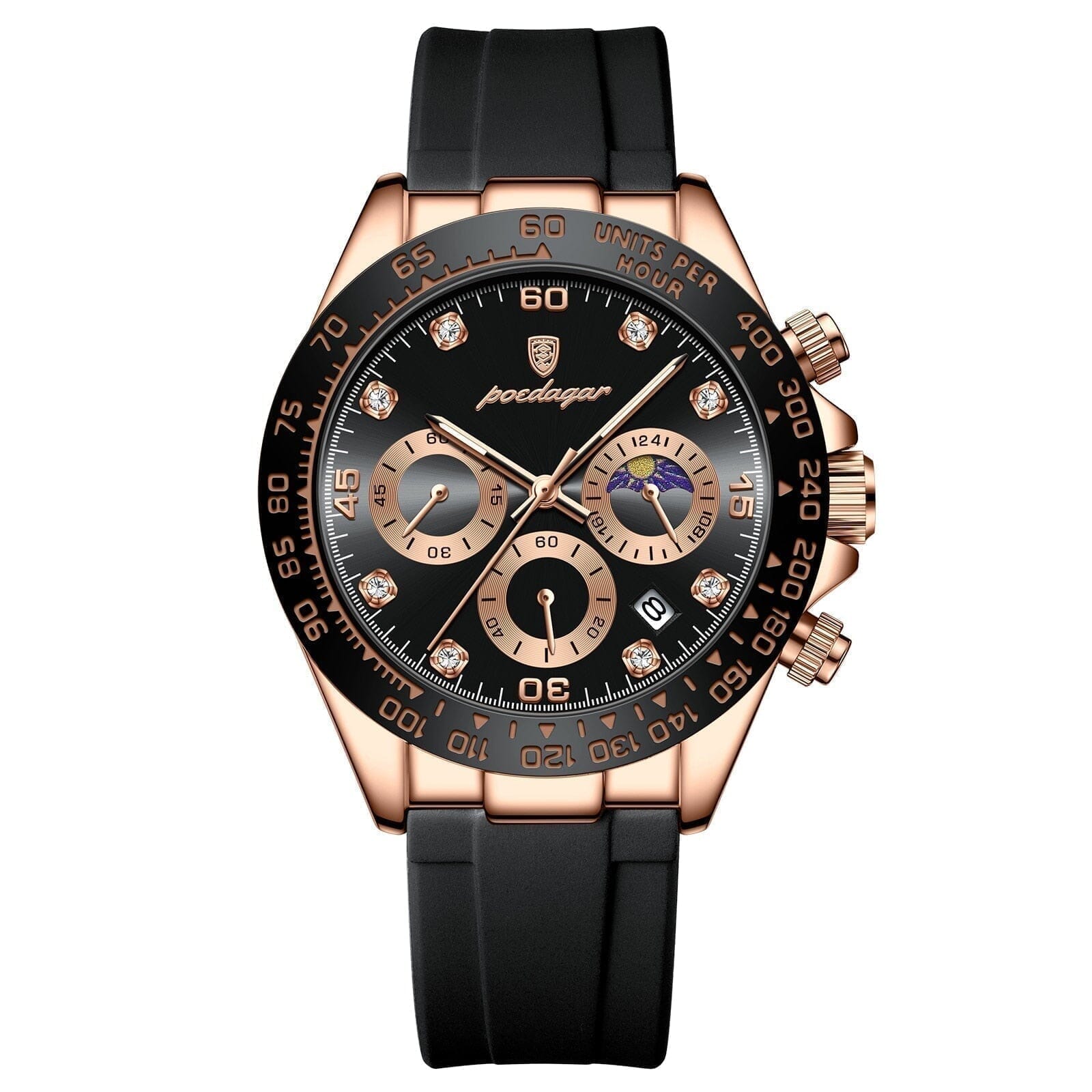 POEDAGAR Watch Chronograph Fase Date Poedagar Montevaro Rose Gold Black