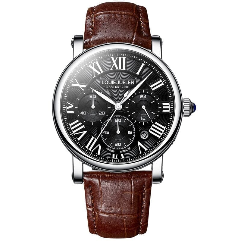 POEDAGAR Watch Executive classic Poedagar Montevaro Silver w/ Black leather background