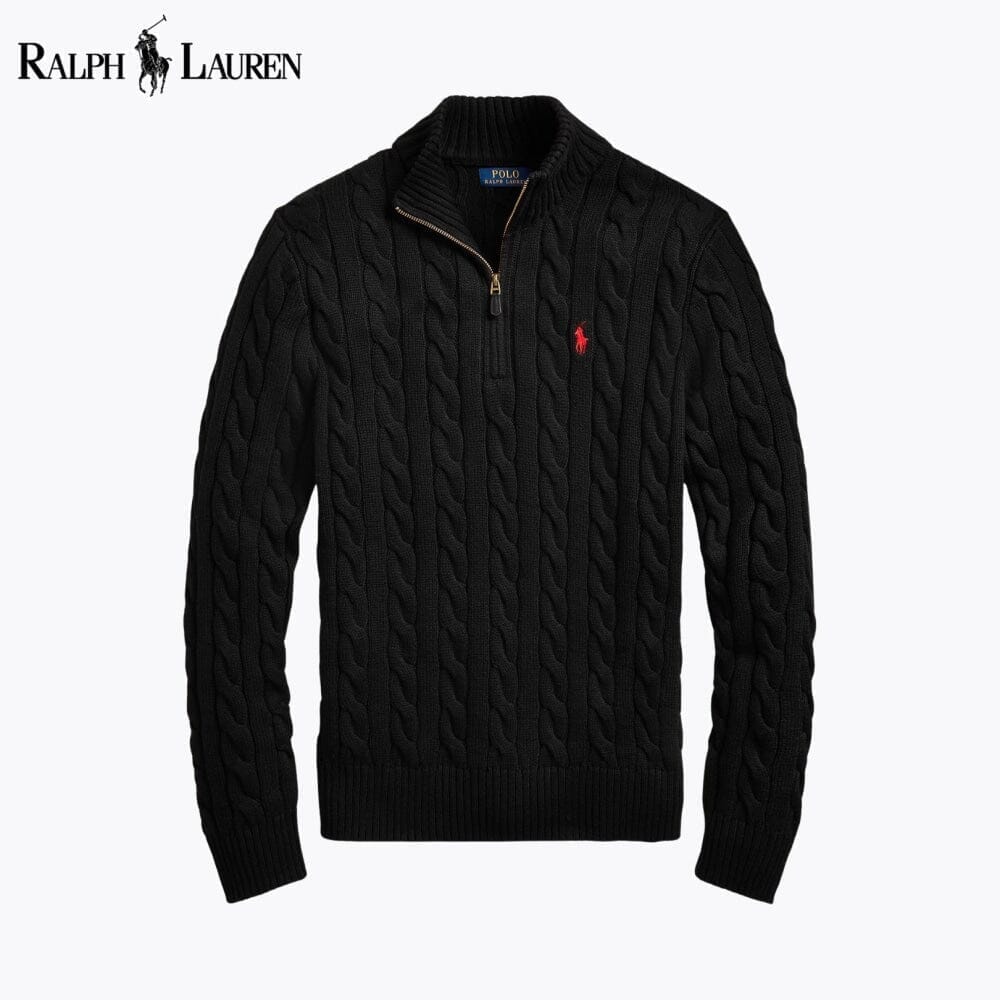 RL Chunky Cable-Knit Cotton Quarter-Zip Sweater Ralph Lauren Montevaro Black S