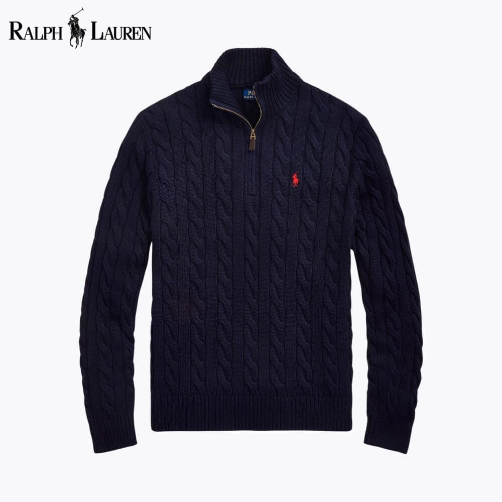 RL Chunky Cable-Knit Cotton Quarter-Zip Sweater Ralph Lauren Montevaro Blue Navy S