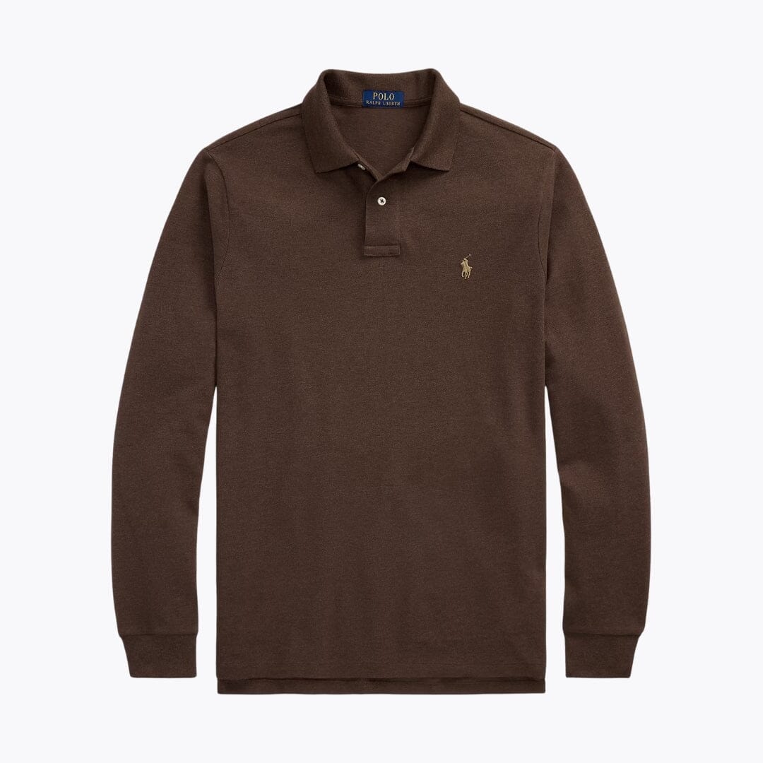 RL Mesh Long-Sleeve Polo Shirt Ralph Lauren Luxvian Nutmeg Brown Heather S