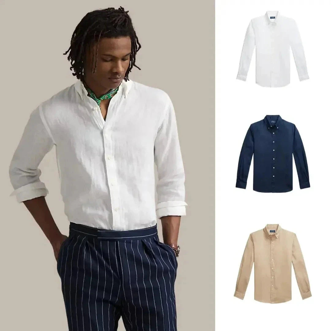 Kaufen Sie 1, erhalten Sie 3 – Klassisches Leinenhemd Montevaro Keramikweiß • Marineblau • Küstenbeige S 