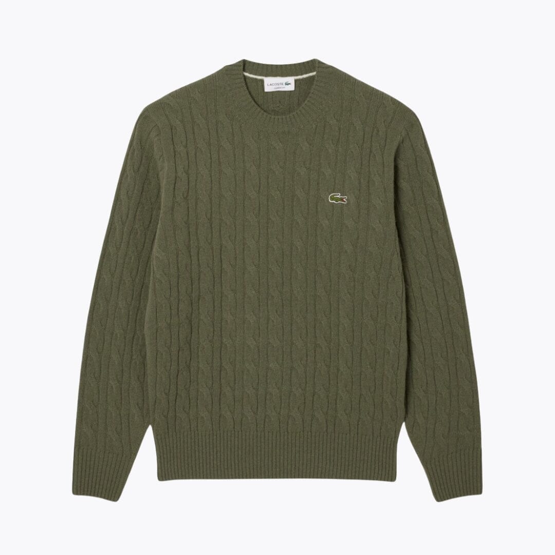 LC Cable Knit Carded Wool Crew Neck Sweater Lacoste Montevaro Khaki S 