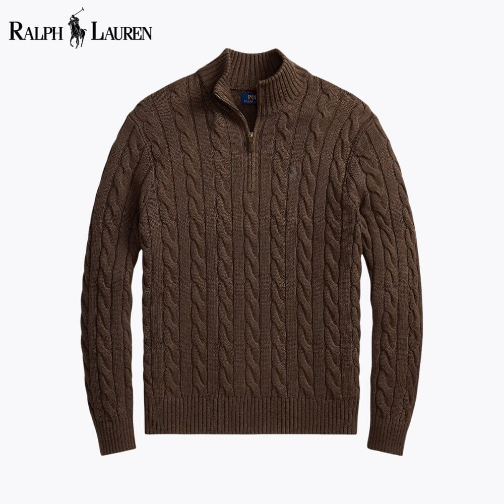 RL Chunky Cable-Knit Cotton Quarter-Zip Sweater Ralph Lauren Montevaro Brown S 