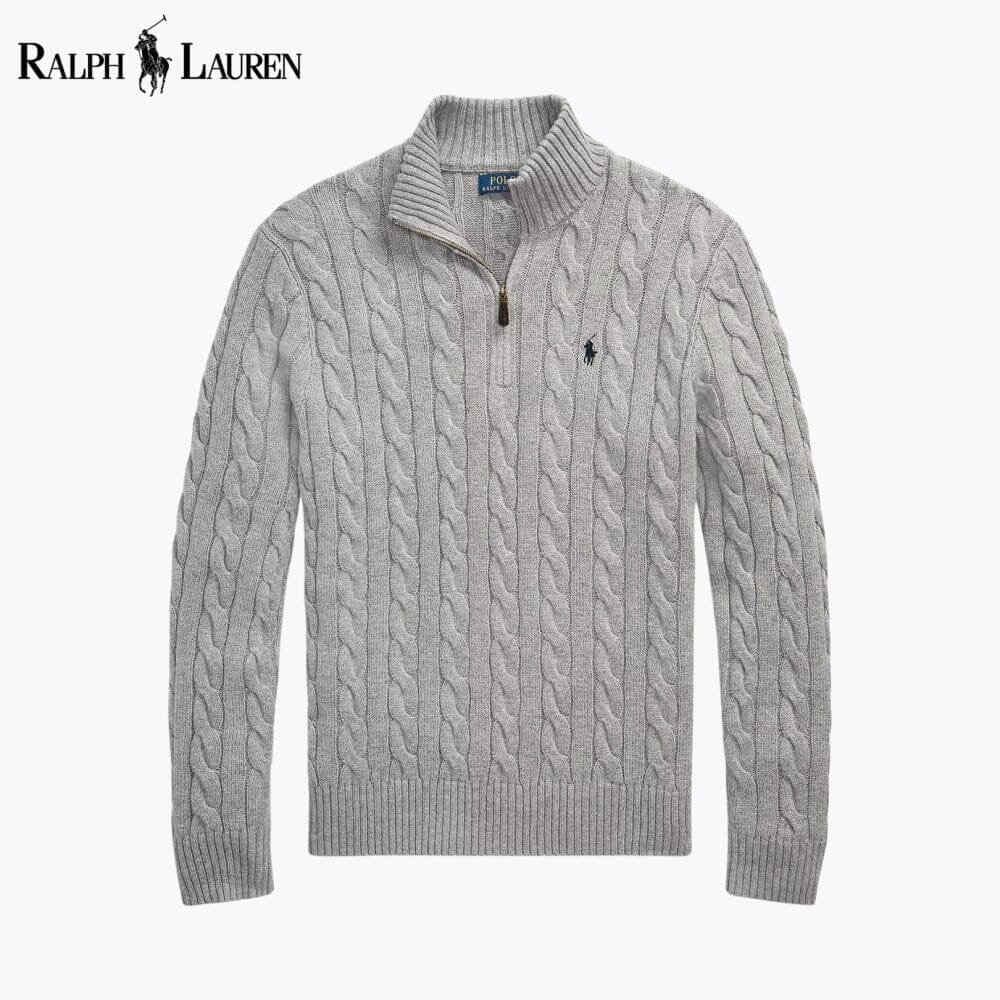 RL Chunky Cable-Knit Cotton Quarter-Zip Sweater Ralph Lauren Montevaro Grey S 