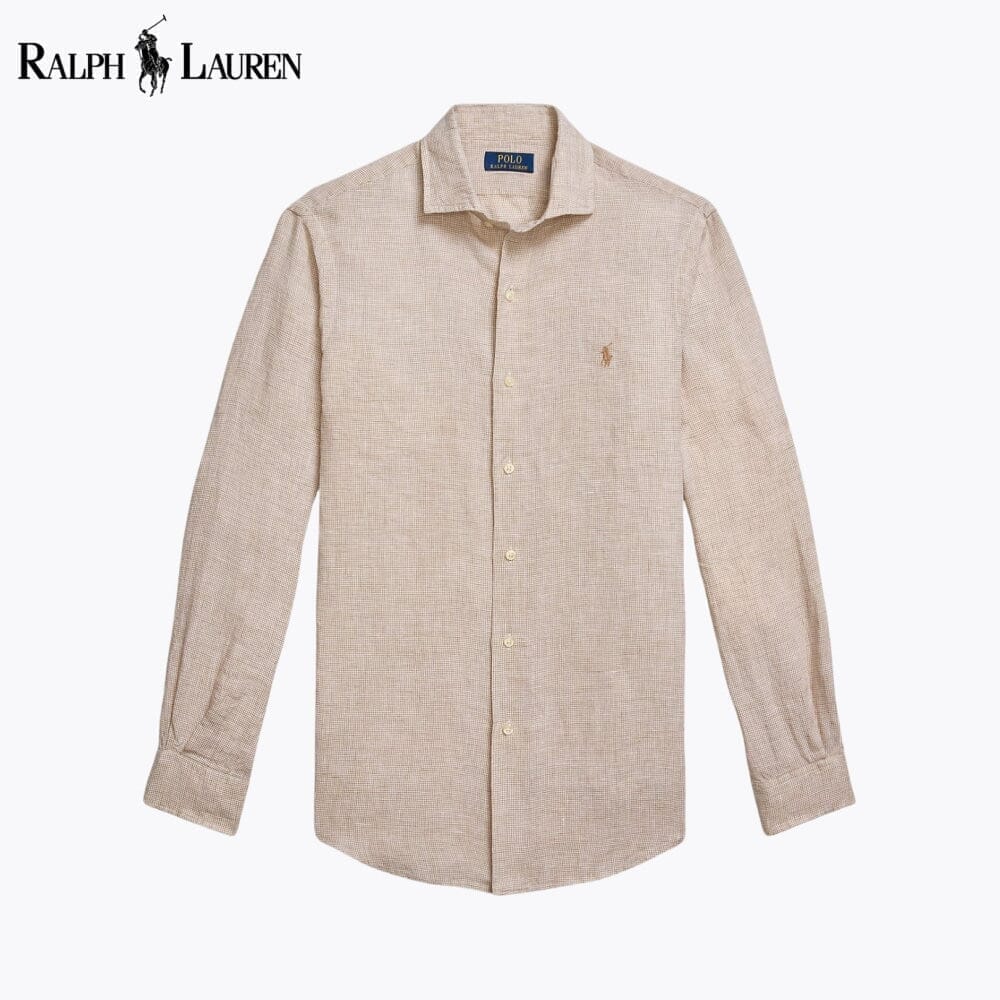 RL Custom Fit Linen Shirt Ralph Lauren Montevaro Beige White S 