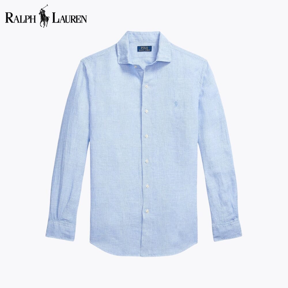 RL Custom Fit Linen Shirt Ralph Lauren Montevaro Blue White S 