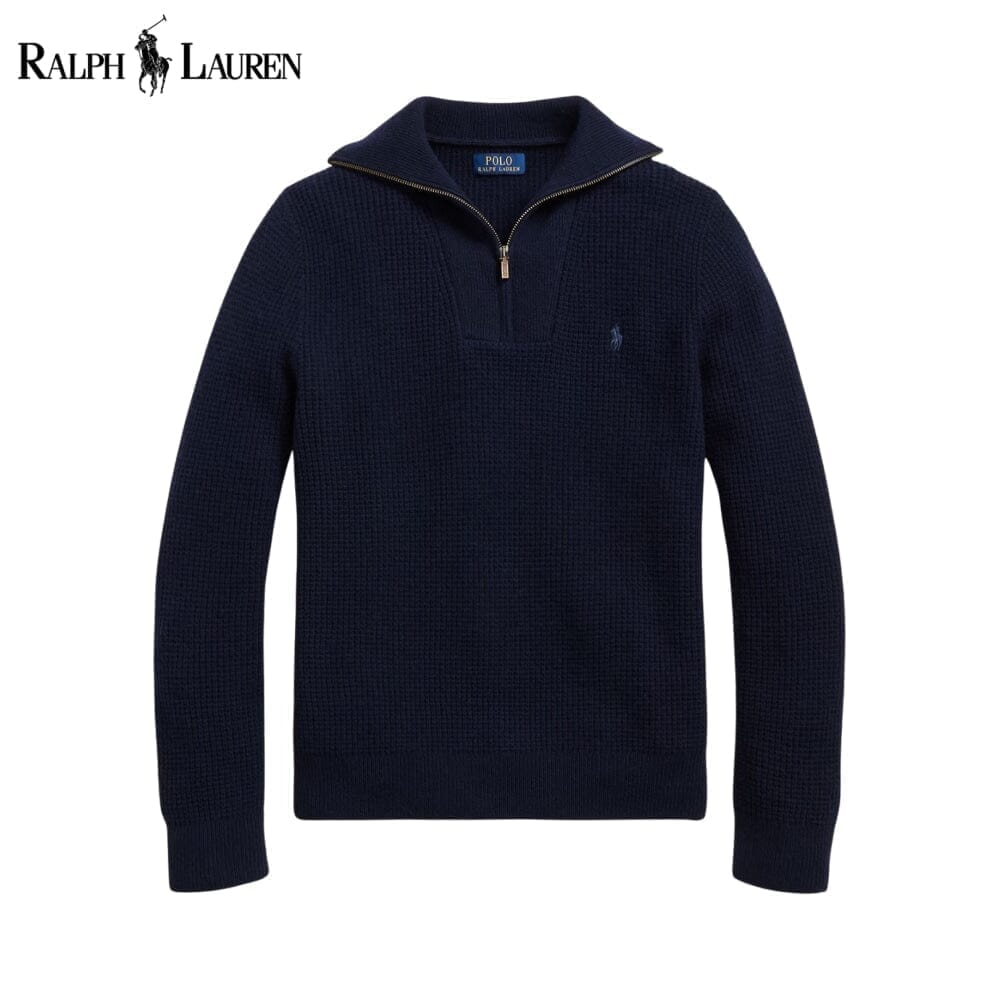 RL Waffle-Knit Wool-Cotton Quarter-Zip Sweater Ralph Lauren Montevaro Blue Navy S 