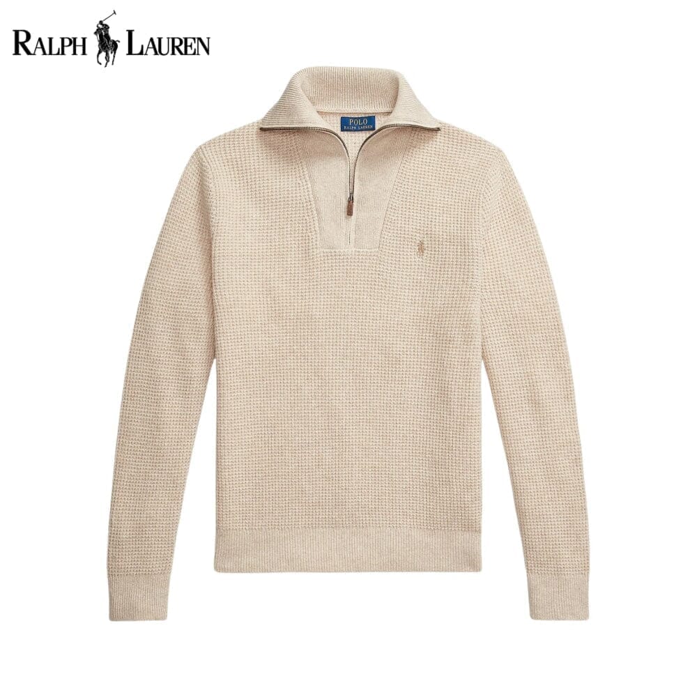 RL Waffle-Knit Wool-Cotton Quarter-Zip Sweater Ralph Lauren Montevaro Cream S 