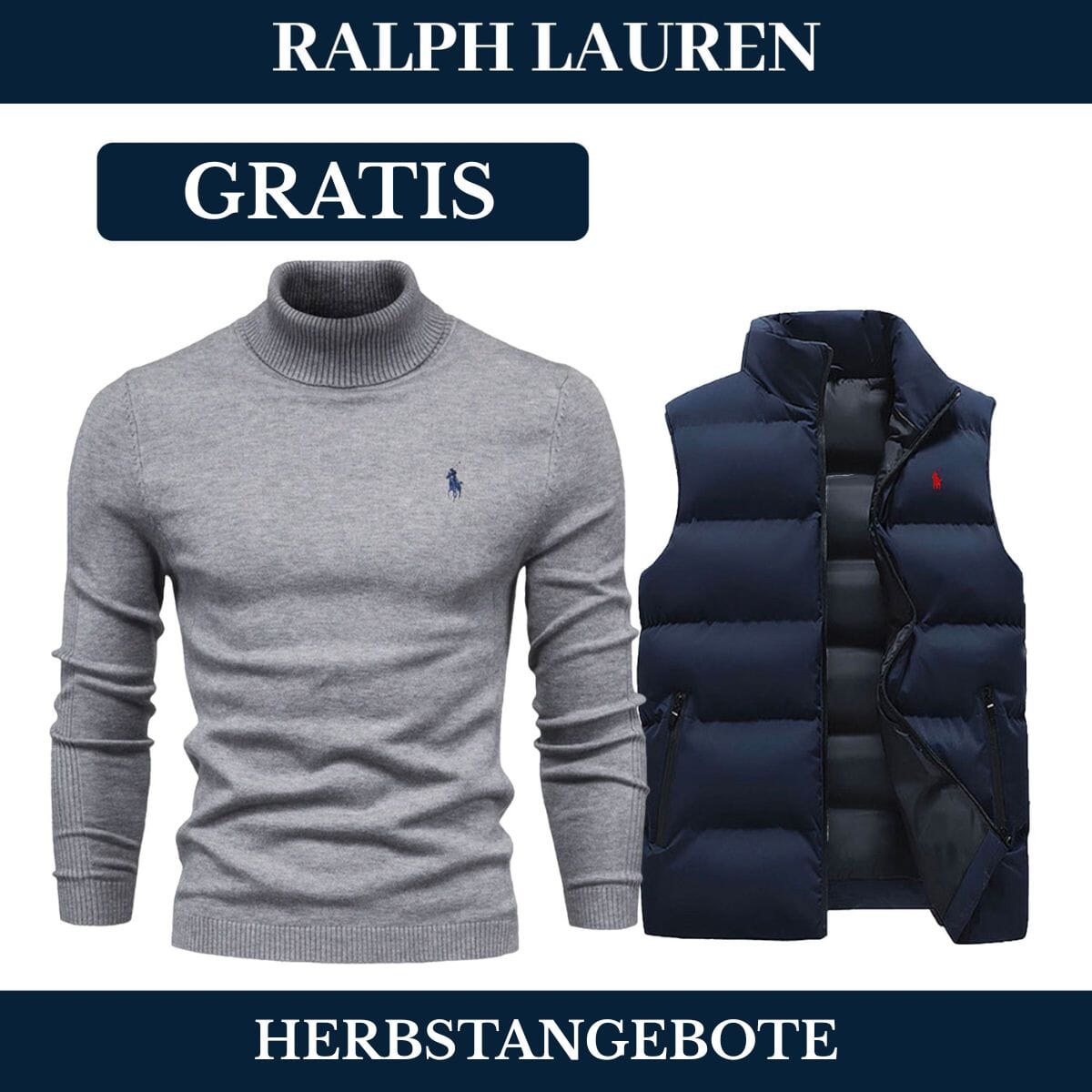 RL Weste + Gratis-Pullover (LAGERRÄUMUNG) Ralph Lauren Montevaro Blau Grau M