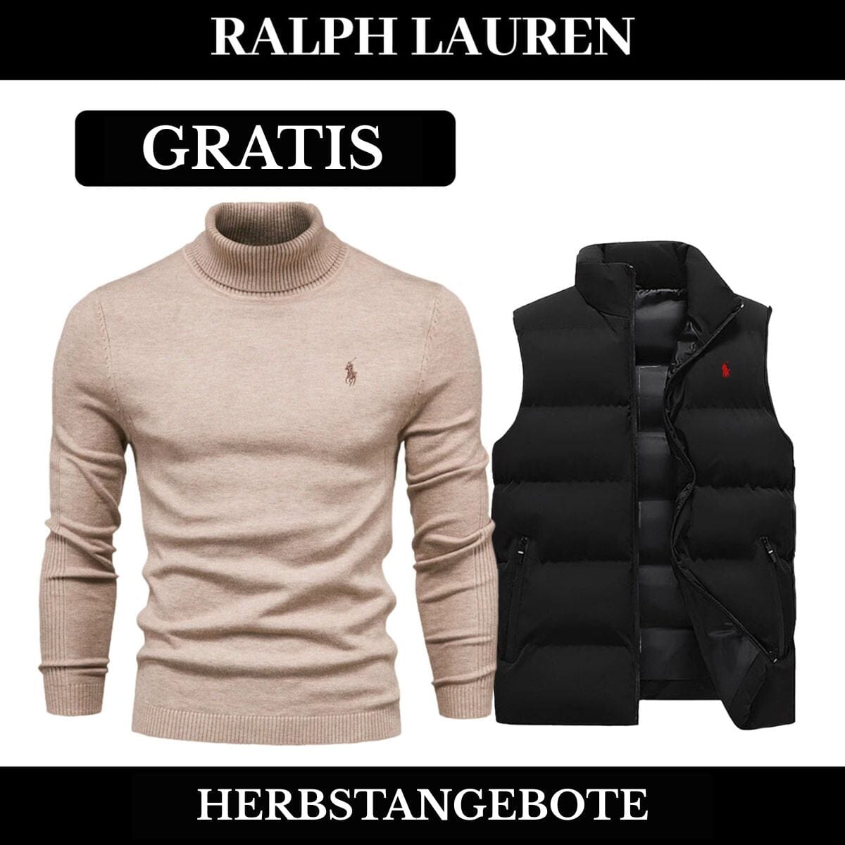 RL Weste + Gratis-Pullover (LAGERRÄUMUNG) Ralph Lauren Montevaro NoirSchwarz Beige M