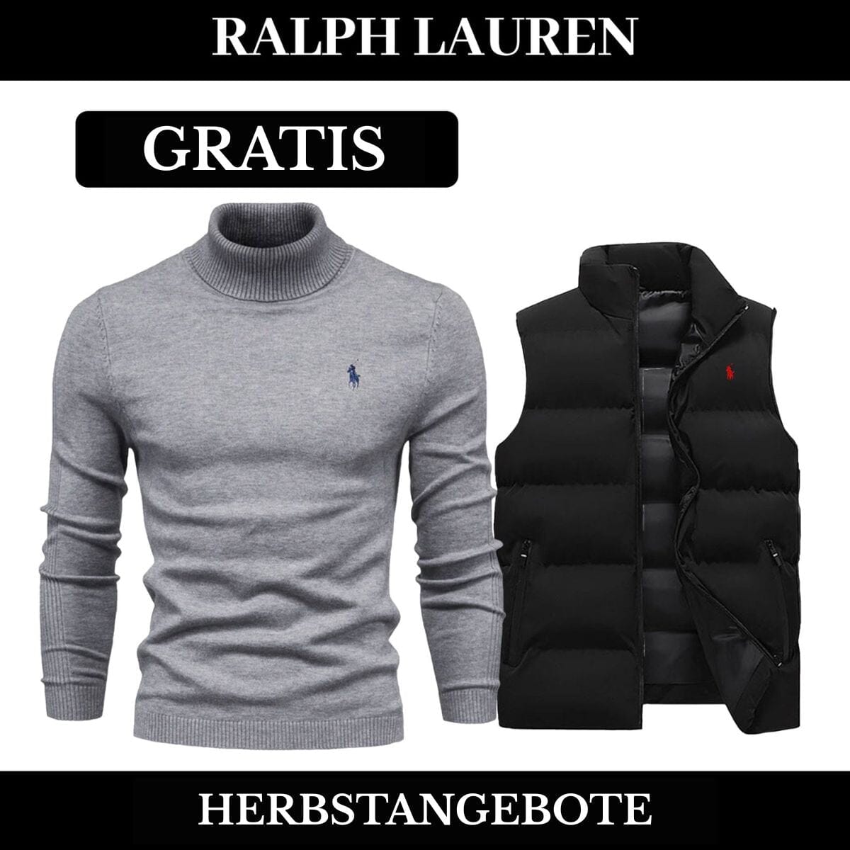 RL Weste + Gratis-Pullover (LAGERRÄUMUNG) Ralph Lauren Montevaro NoirSchwarz Grau M