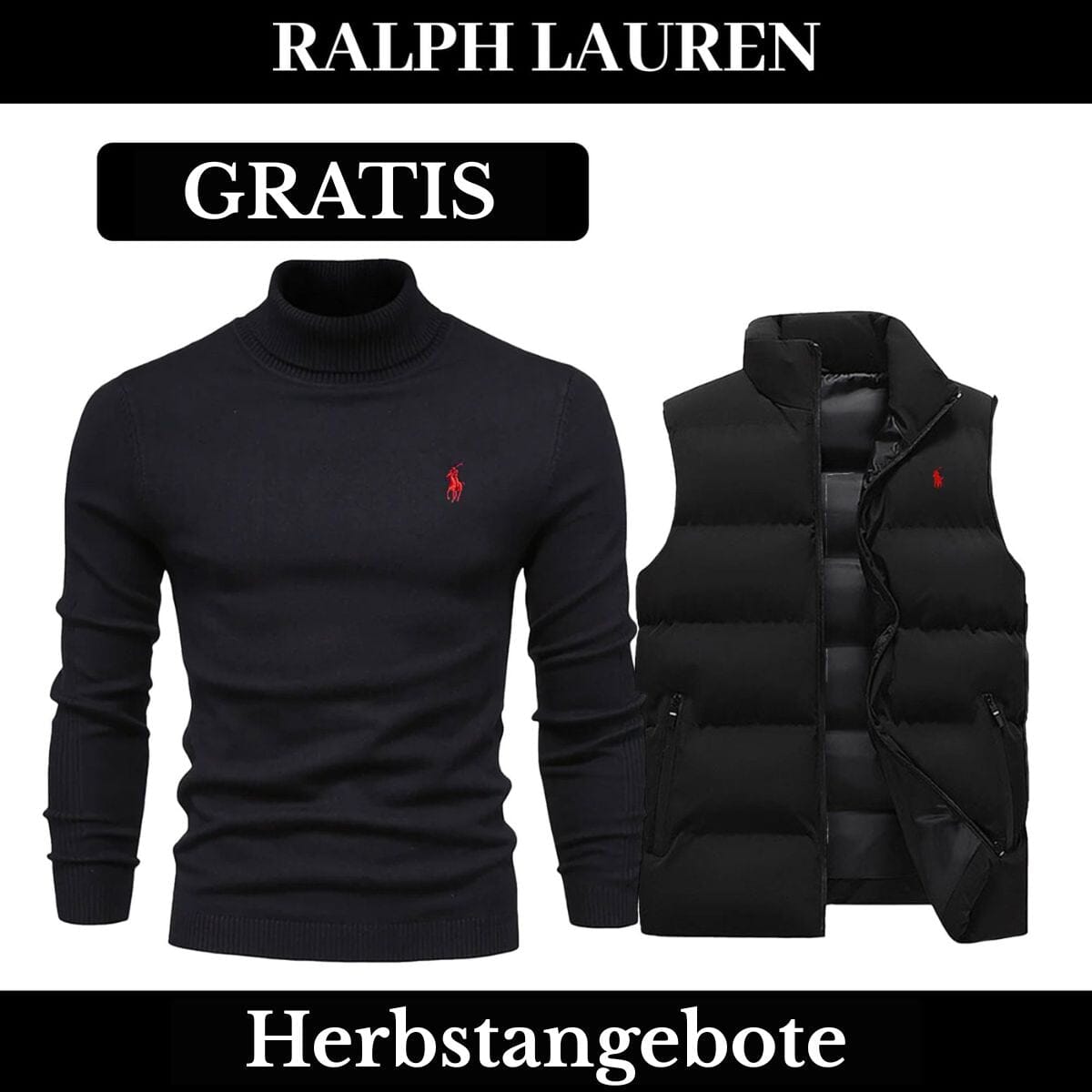 RL Weste + Gratis-Pullover (LAGERRÄUMUNG) Ralph Lauren Montevaro NoirSchwarz Schwarz M