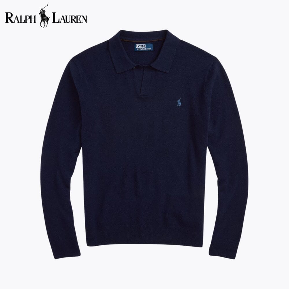 RL Wool Johnny-Collar Sweater Ralph Lauren Montevaro Blue Navy S 